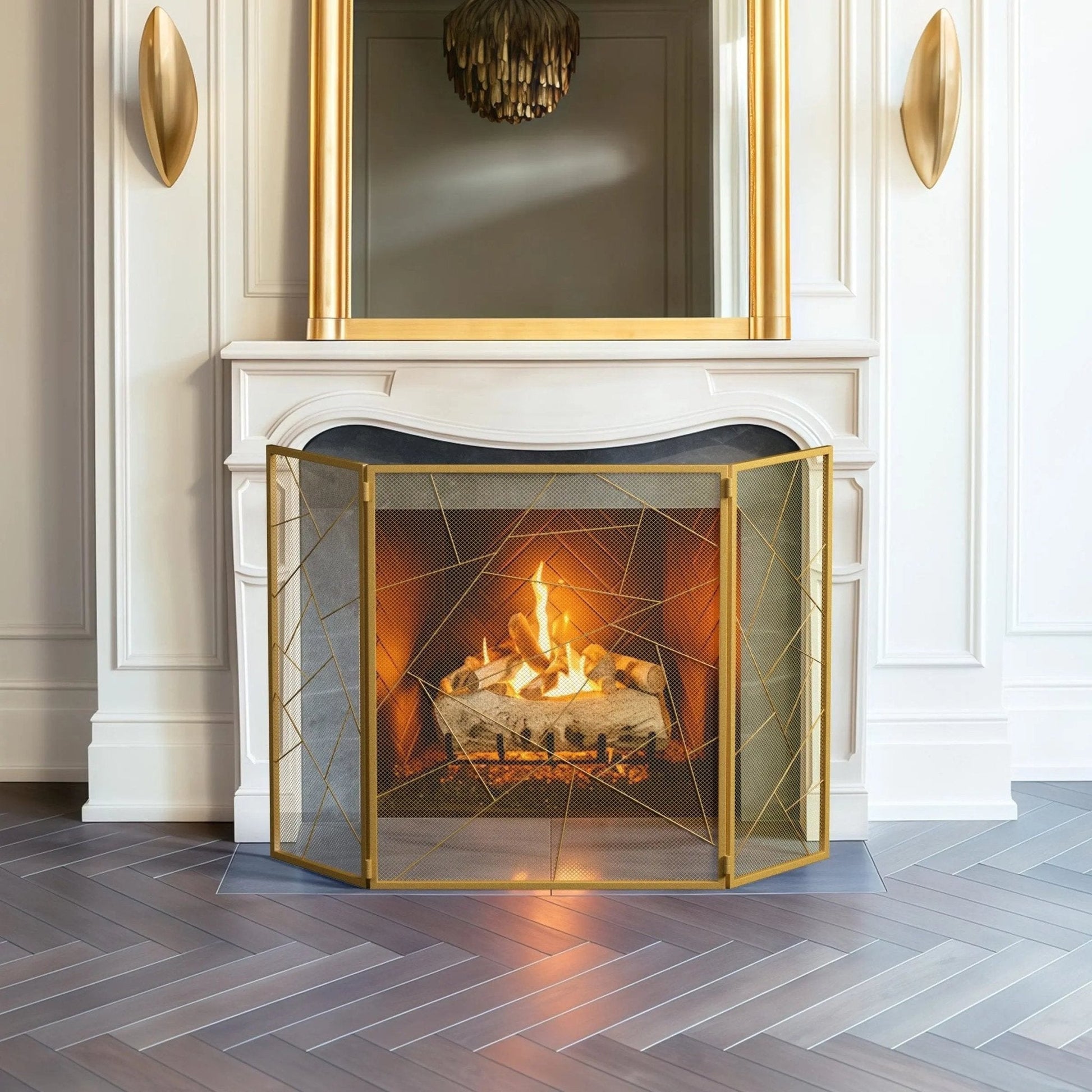 Smallbee Triple - Fold Iron Fireplace Screen Gold Frame – 132x1x80cm - House Comfort