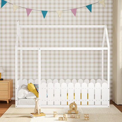 Solid Wooden House Bed Frame Low Toddler Bed with Fence and Roof - House Comfort