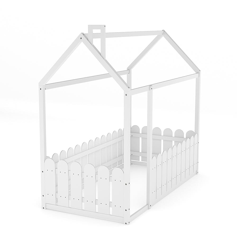 Solid Wooden House Bed Frame Low Toddler Bed with Fence and Roof - House Comfort