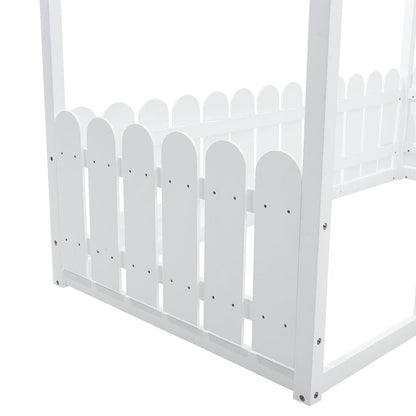 Solid Wooden House Bed Frame Low Toddler Bed with Fence and Roof - House Comfort