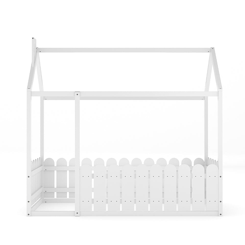 Solid Wooden House Bed Frame Low Toddler Bed with Fence and Roof - House Comfort