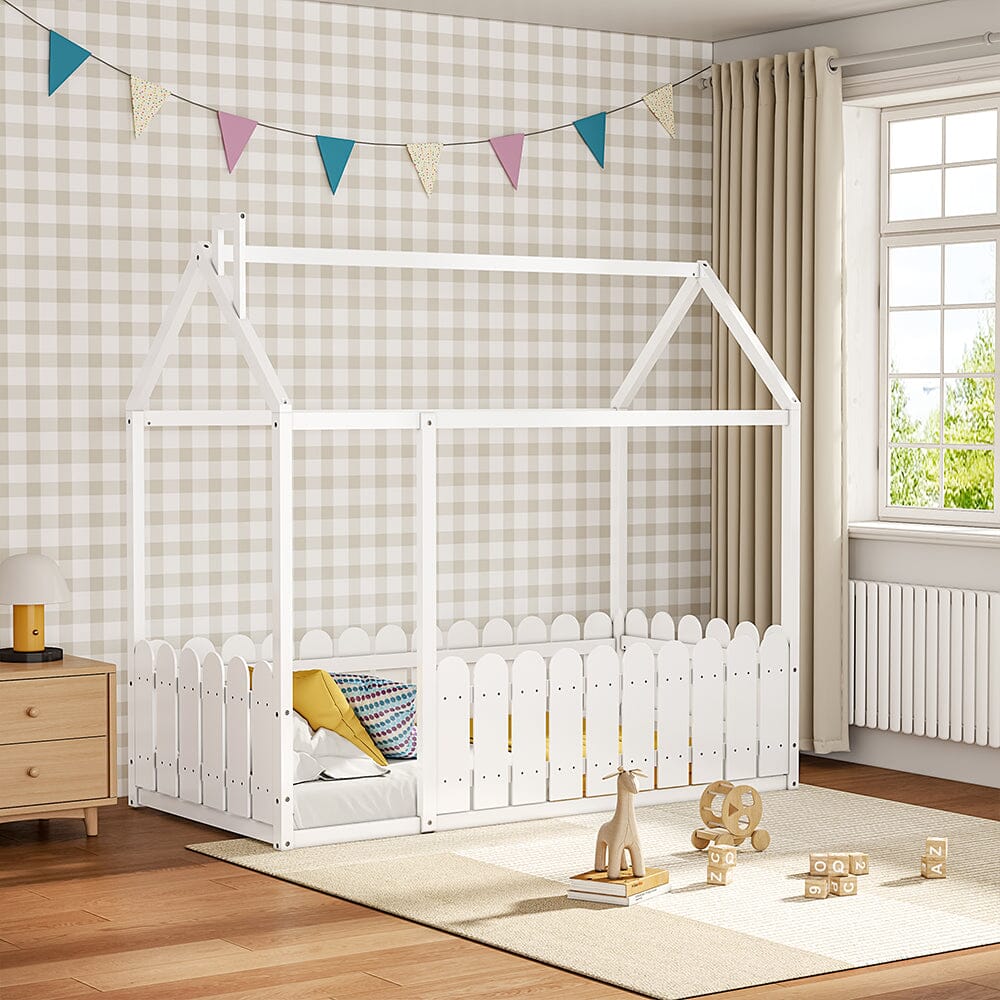 Solid Wooden House Bed Frame Low Toddler Bed with Fence and Roof - House Comfort
