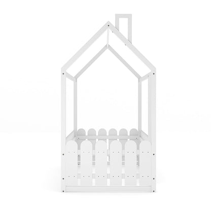 Solid Wooden House Bed Frame Low Toddler Bed with Fence and Roof - House Comfort