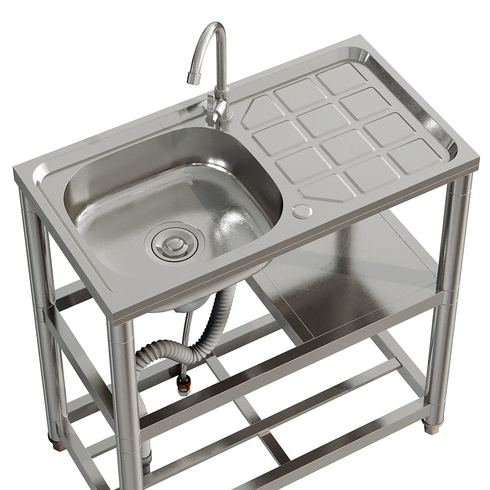 Stainless Steel One Compartment Sink with Shelves and Drainboard - House Comfort