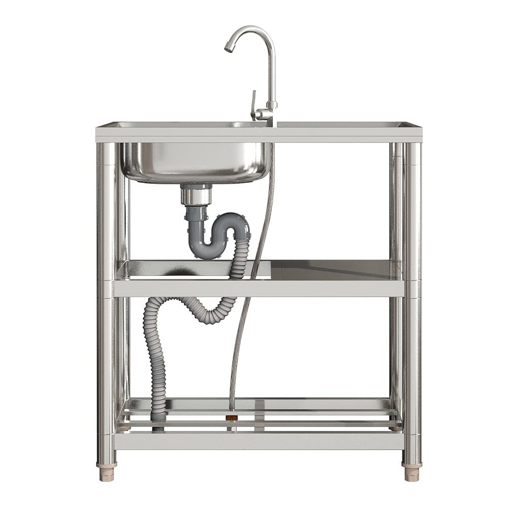 Stainless Steel One Compartment Sink with Shelves and Drainboard - House Comfort
