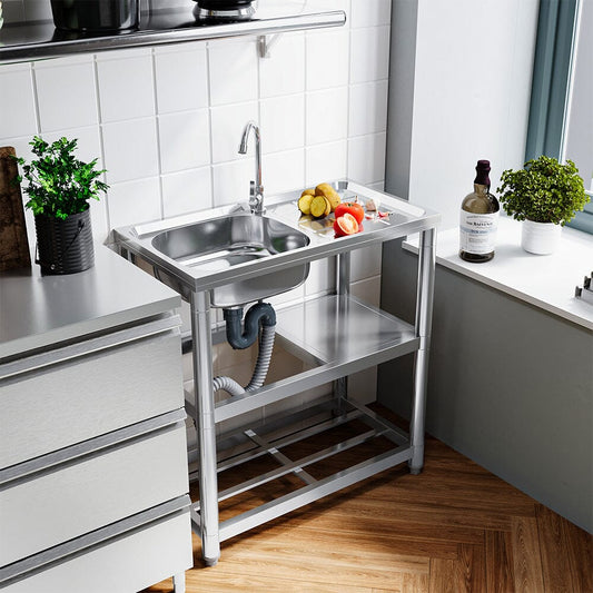Stainless Steel One Compartment Sink with Shelves and Drainboard - House Comfort