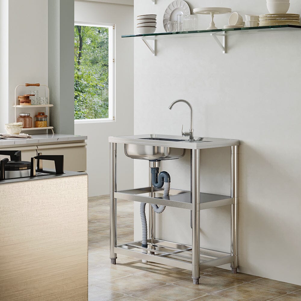 Stainless Steel One Compartment Sink with Shelves and Drainboard - House Comfort