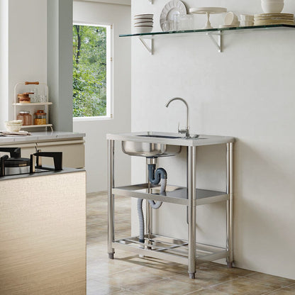 Stainless Steel One Compartment Sink with Shelves and Drainboard - House Comfort