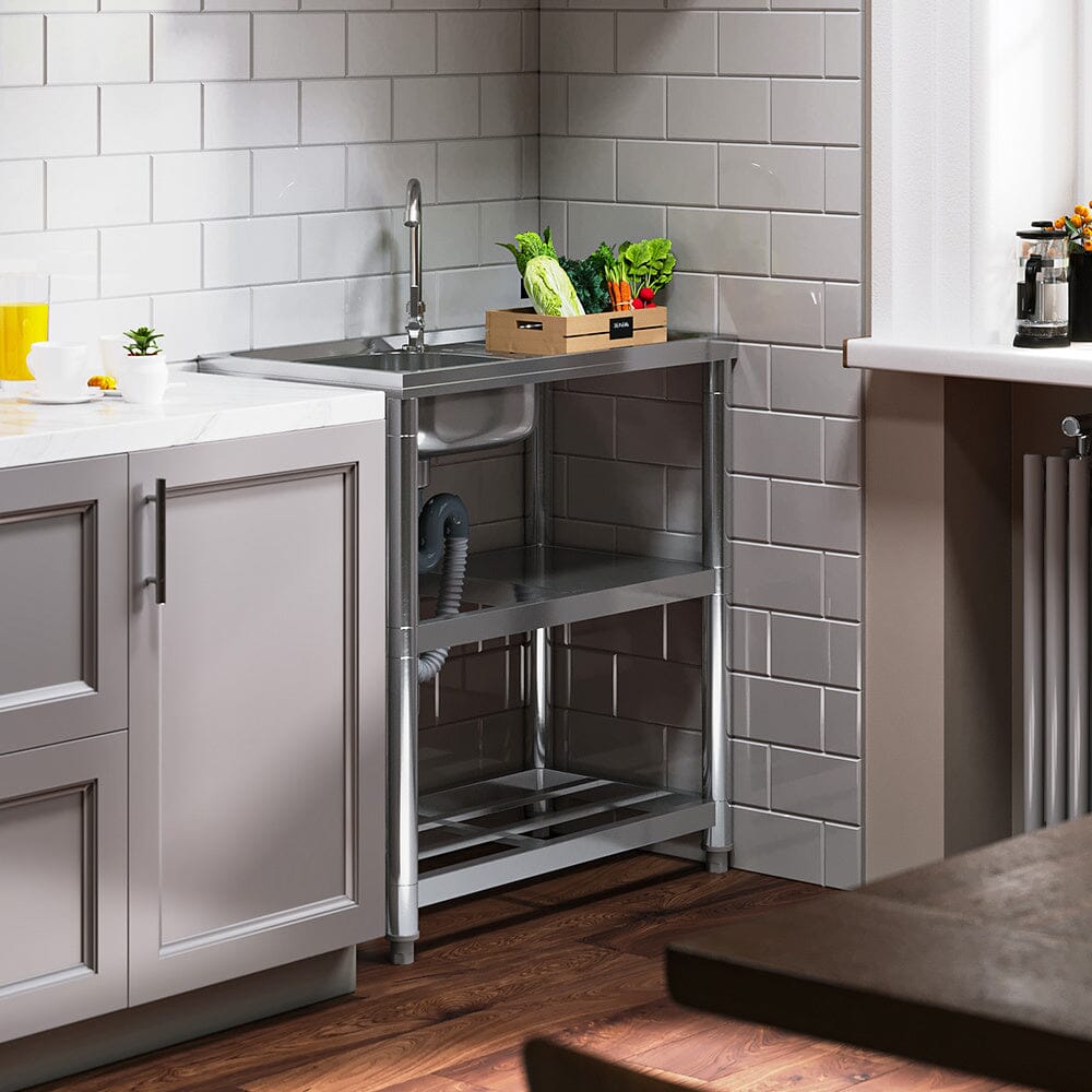 Stainless Steel One Compartment Sink with Shelves and Drainboard - House Comfort