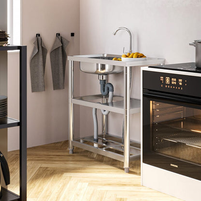 Stainless Steel One Compartment Sink with Shelves and Drainboard - House Comfort