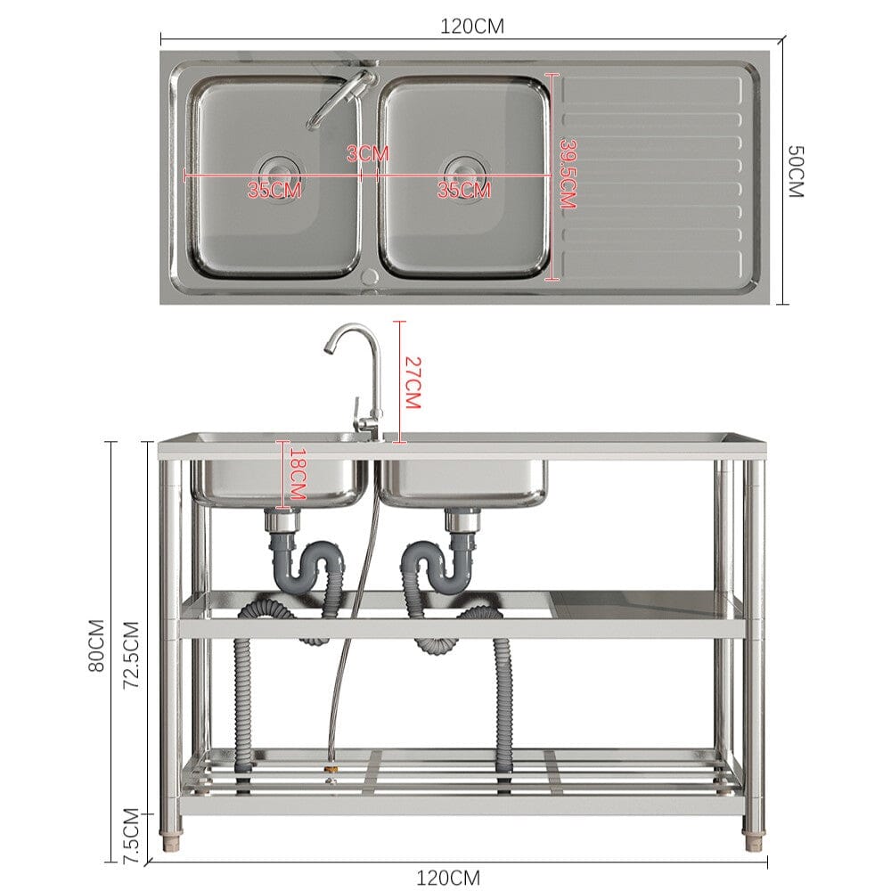 Steel Two Compartment Sinks with Shelves and Drainboard - House Comfort