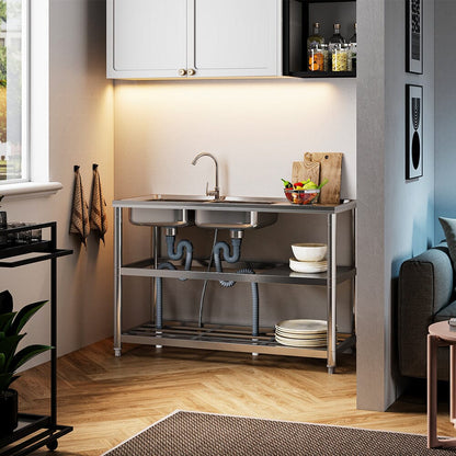 Steel Two Compartment Sinks with Shelves and Drainboard - House Comfort