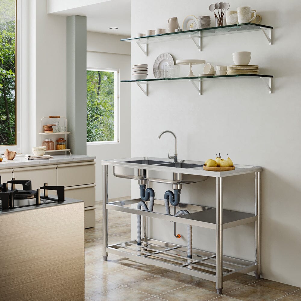 Steel Two Compartment Sinks with Shelves and Drainboard - House Comfort