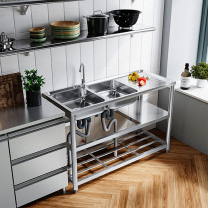 Steel Two Compartment Sinks with Shelves and Drainboard - House Comfort