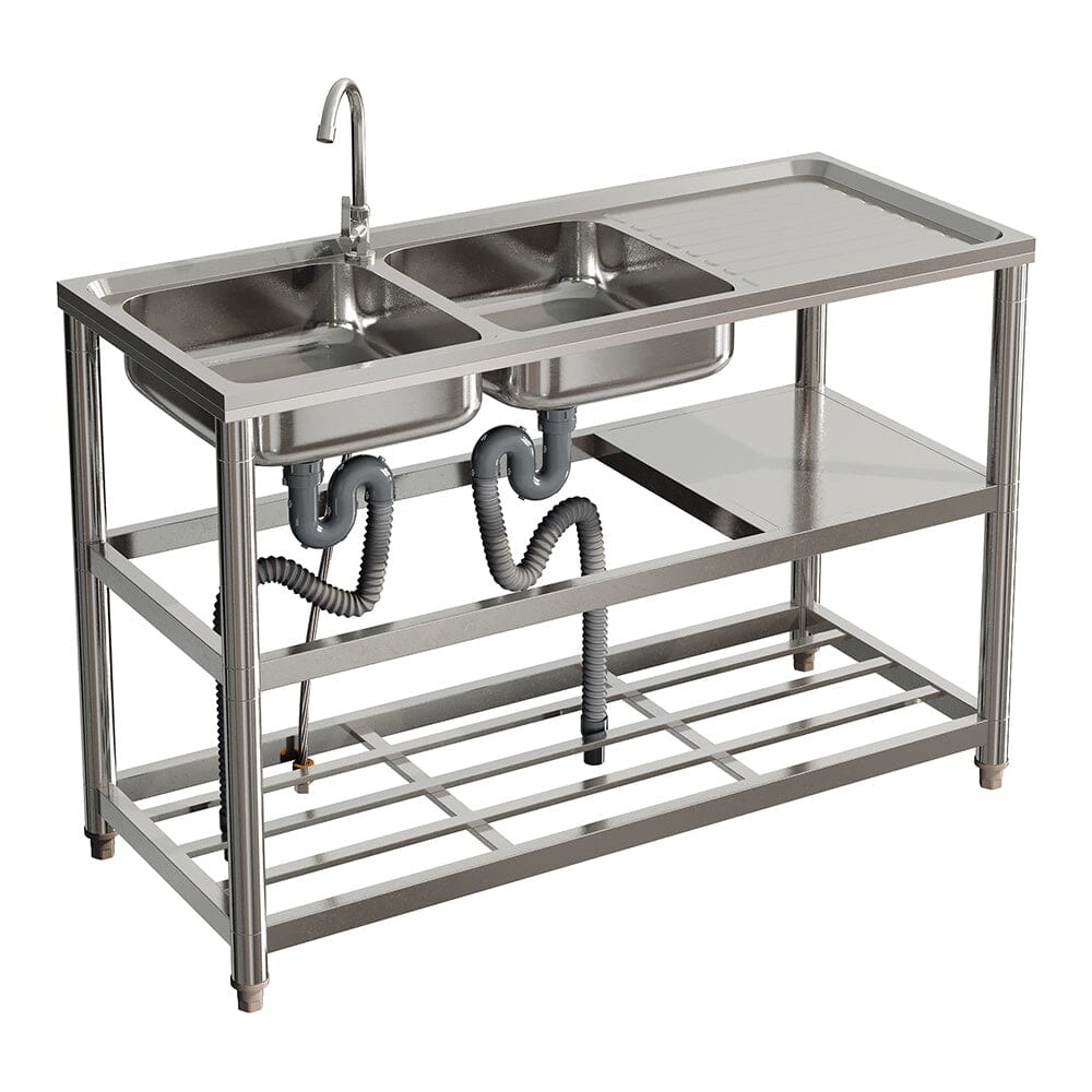 Steel Two Compartment Sinks with Shelves and Drainboard - House Comfort