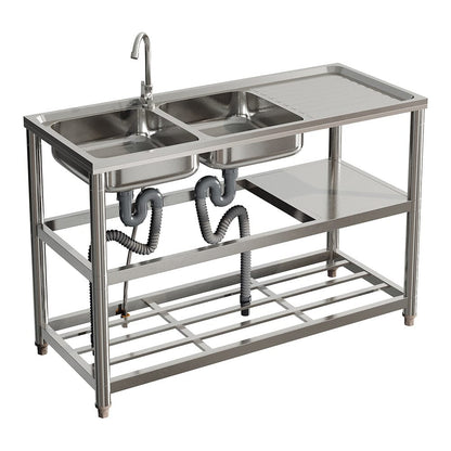 Steel Two Compartment Sinks with Shelves and Drainboard - House Comfort