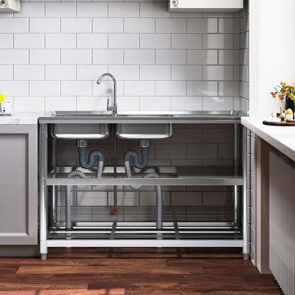Steel Two Compartment Sinks with Shelves and Drainboard - House Comfort
