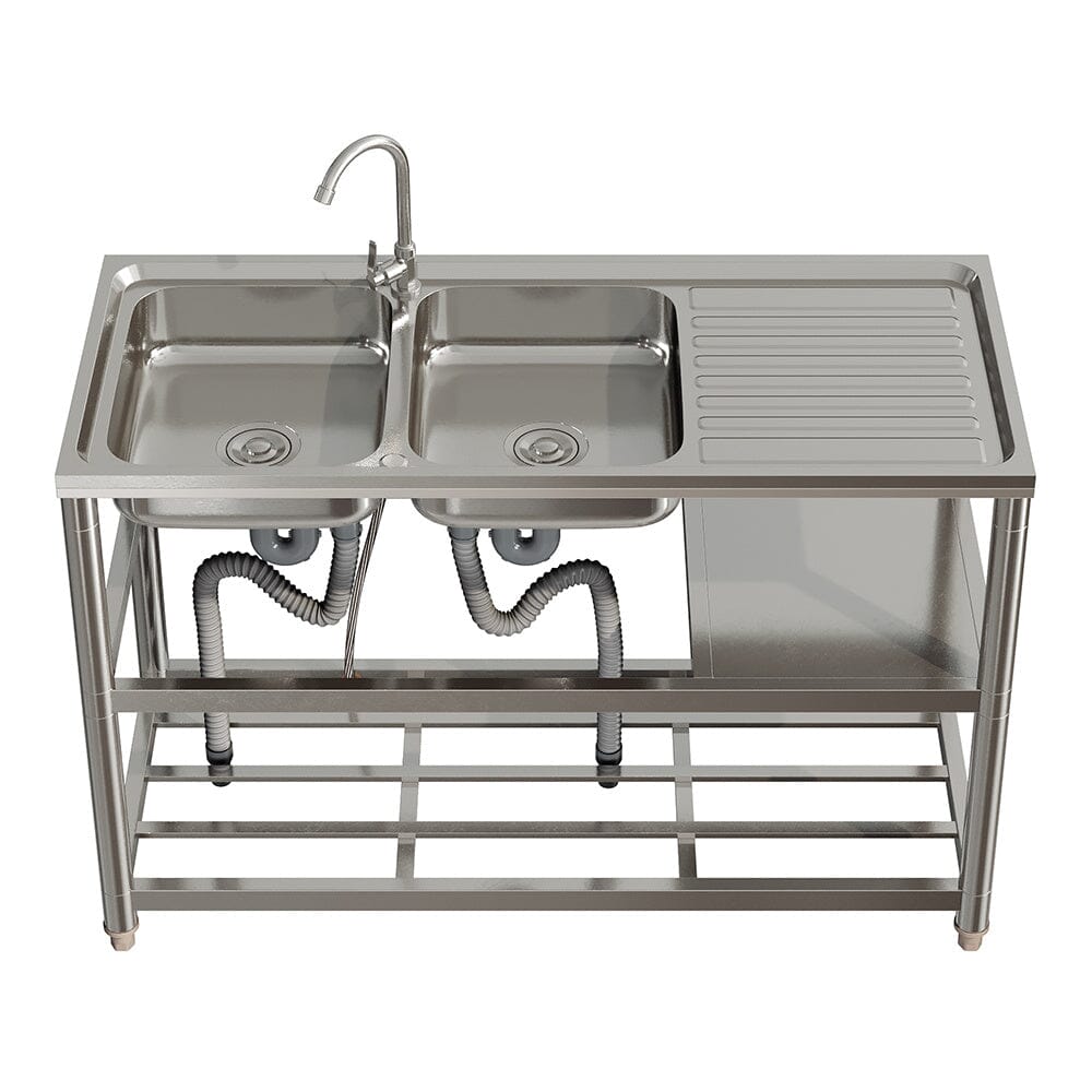 Steel Two Compartment Sinks with Shelves and Drainboard - House Comfort