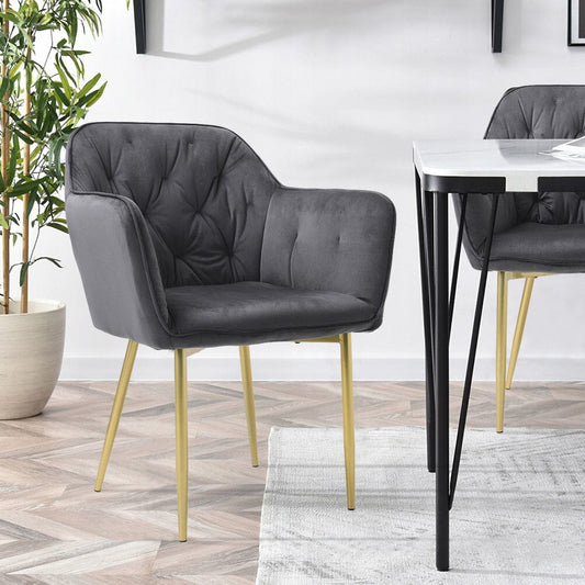 Stylish Gray Dining Chair with Gold Spray - Painted Legs and Velvet Upholstery - House Comfort