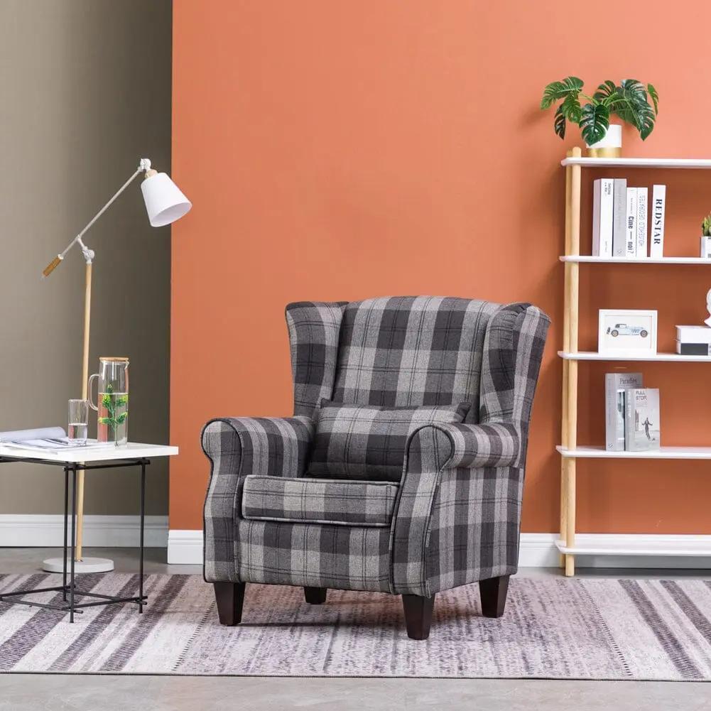 Tartan Tub Chair with Wood Legs and Cushion - House Comfort