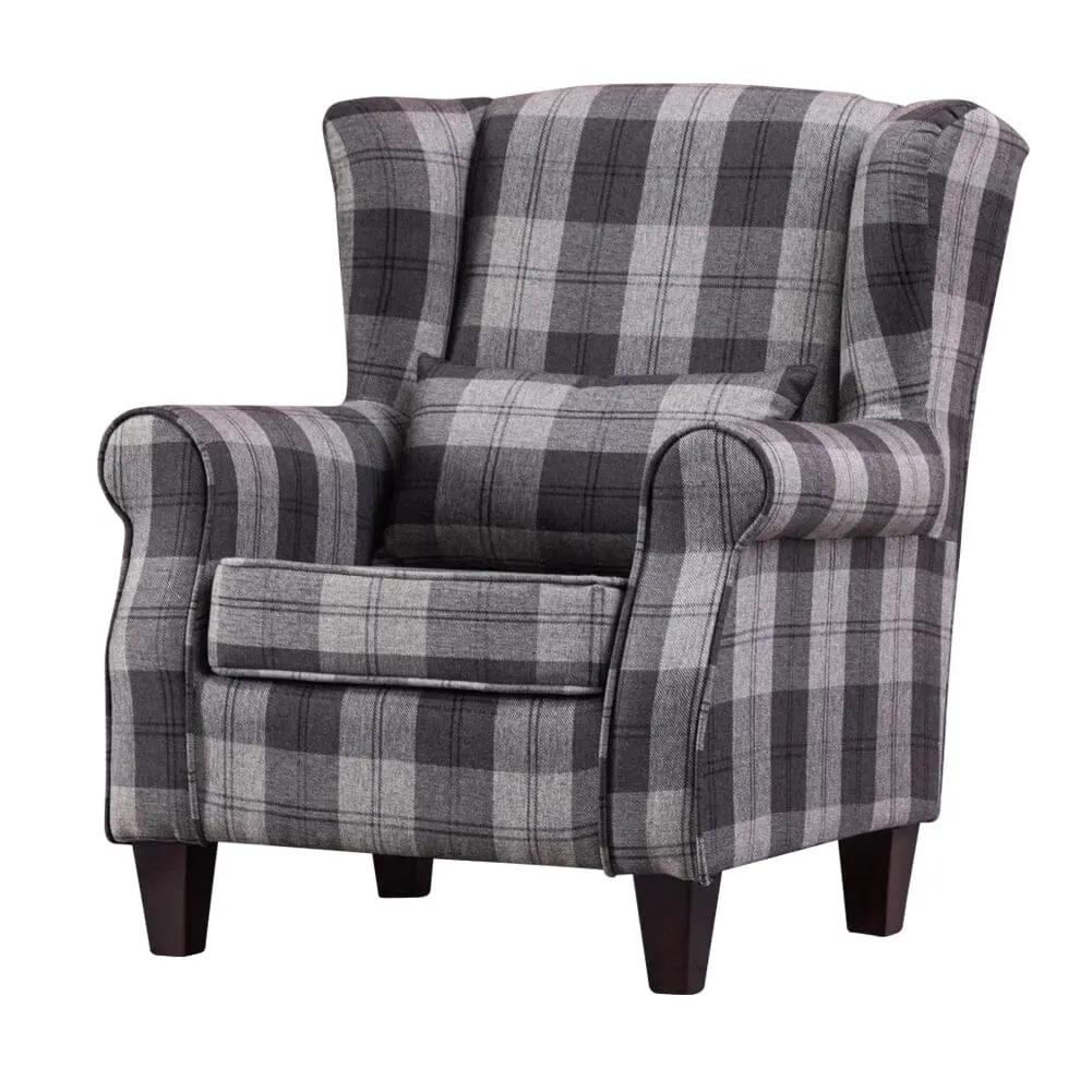 Tartan Tub Chair with Wood Legs and Cushion - House Comfort