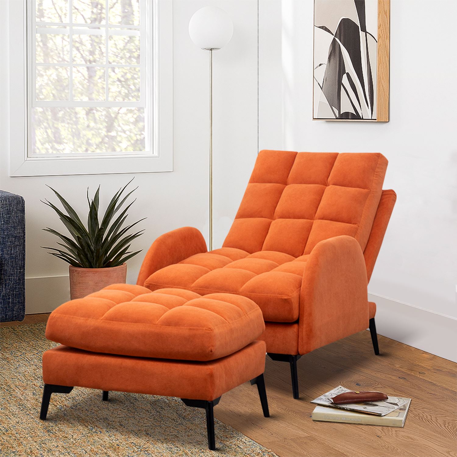 Upholstered Adjustable Backrest Velvet Sleeper Recliner Come with Ottoman - House Comfort