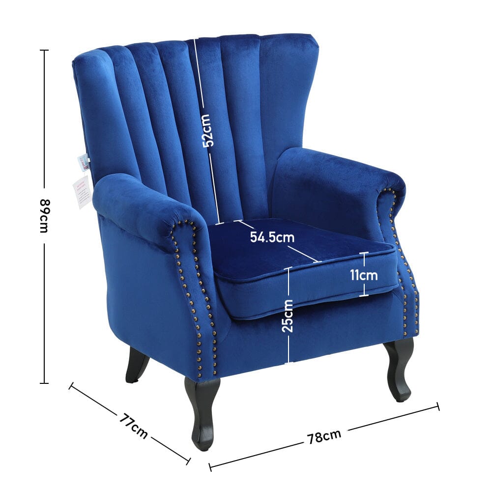 Velvet Upholstered Wingback Chair Thick Padded Armchair Green/Blue - House Comfort