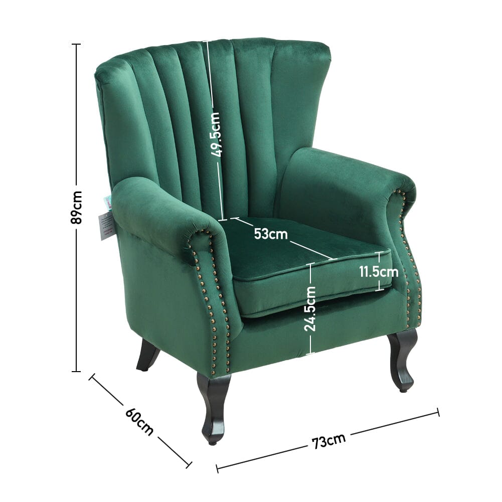 Velvet Upholstered Wingback Chair Thick Padded Armchair Green/Blue - House Comfort