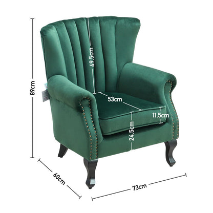 Velvet Upholstered Wingback Chair Thick Padded Armchair Green/Blue - House Comfort