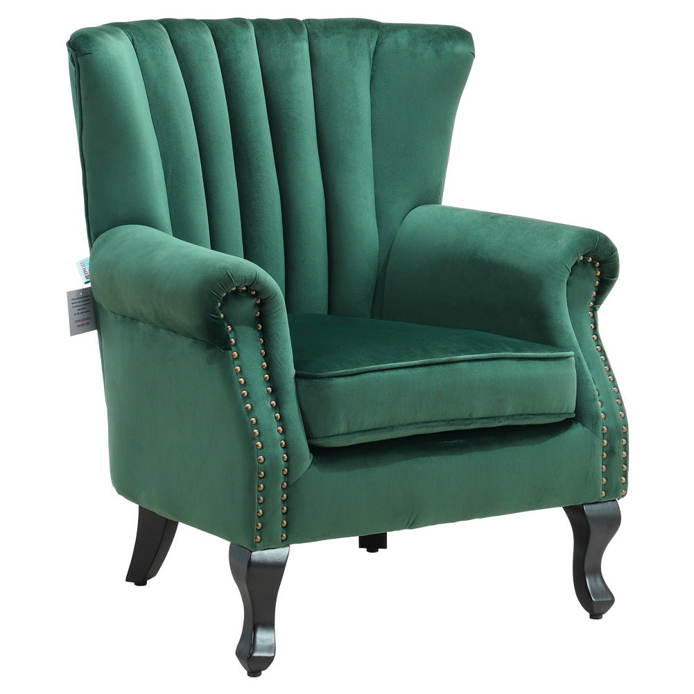 Velvet Upholstered Wingback Chair Thick Padded Armchair Green/Blue - House Comfort