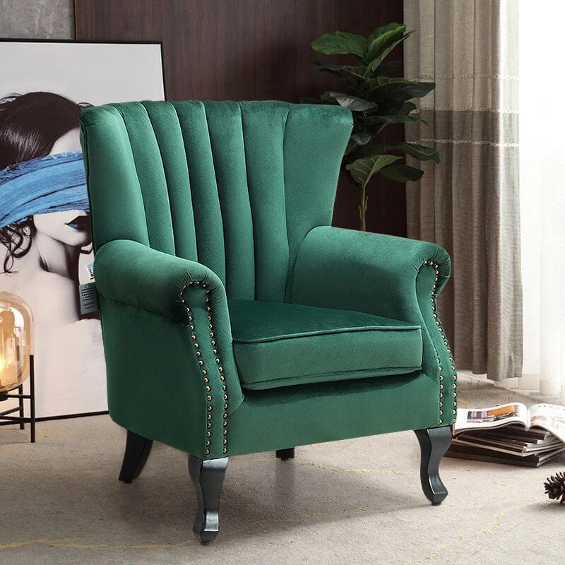 Velvet Upholstered Wingback Chair Thick Padded Armchair Green/Blue - House Comfort
