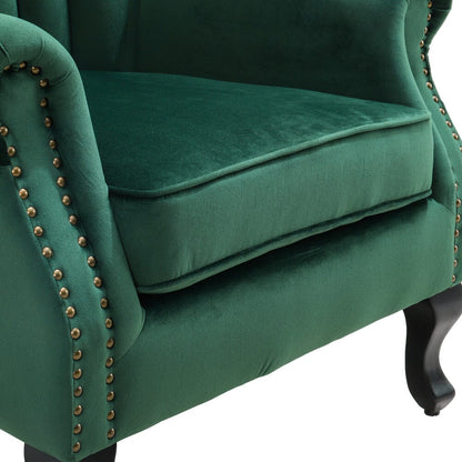 Velvet Upholstered Wingback Chair Thick Padded Armchair Green/Blue - House Comfort