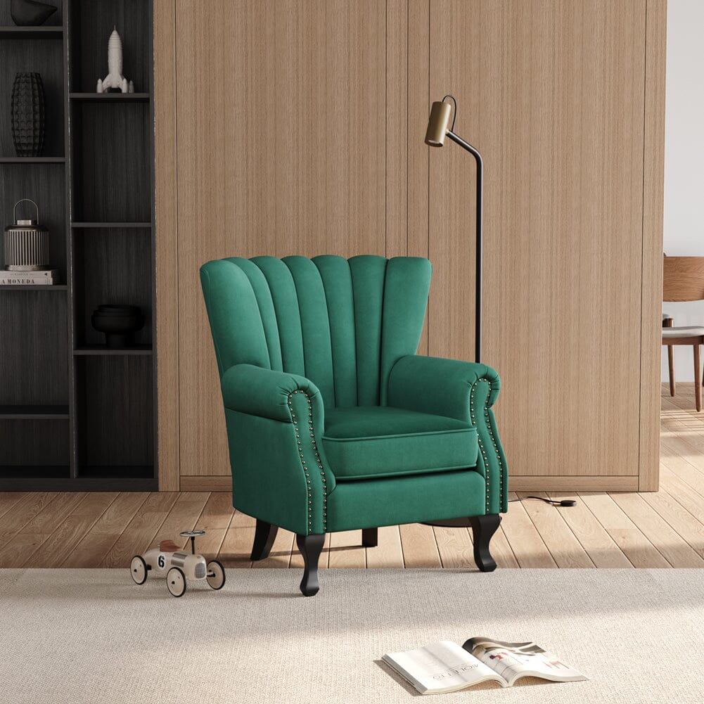 Velvet Upholstered Wingback Chair Thick Padded Armchair Green/Blue - House Comfort