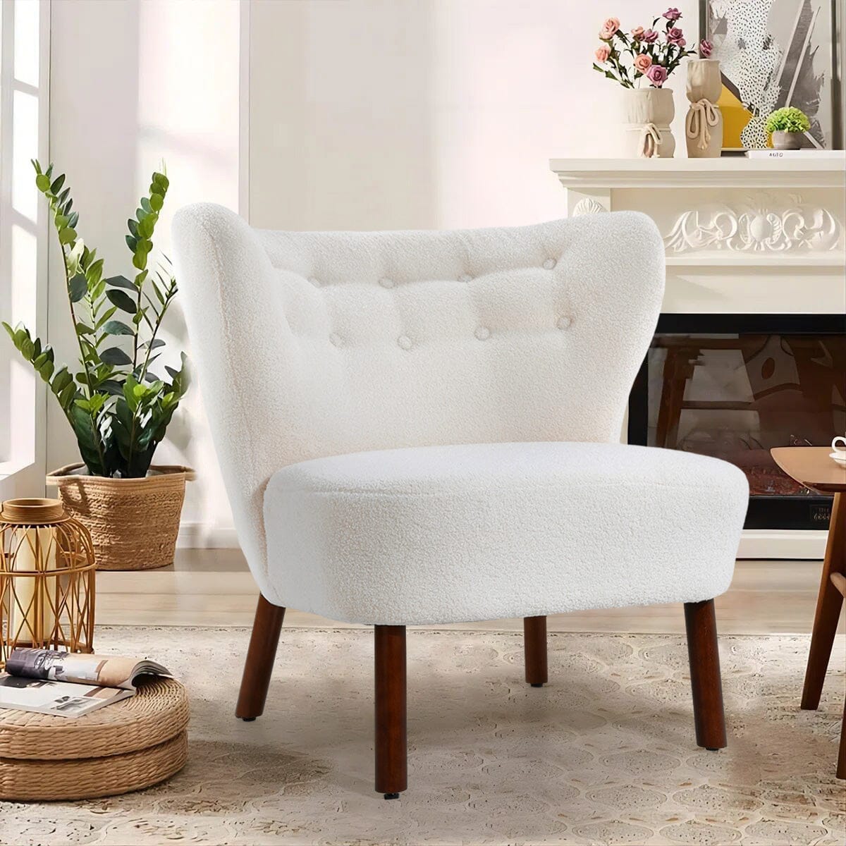 White Boucle Teddy Upholstered Accent Chair with Footstool - House Comfort