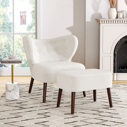 White Boucle Teddy Upholstered Accent Chair with Footstool - House Comfort