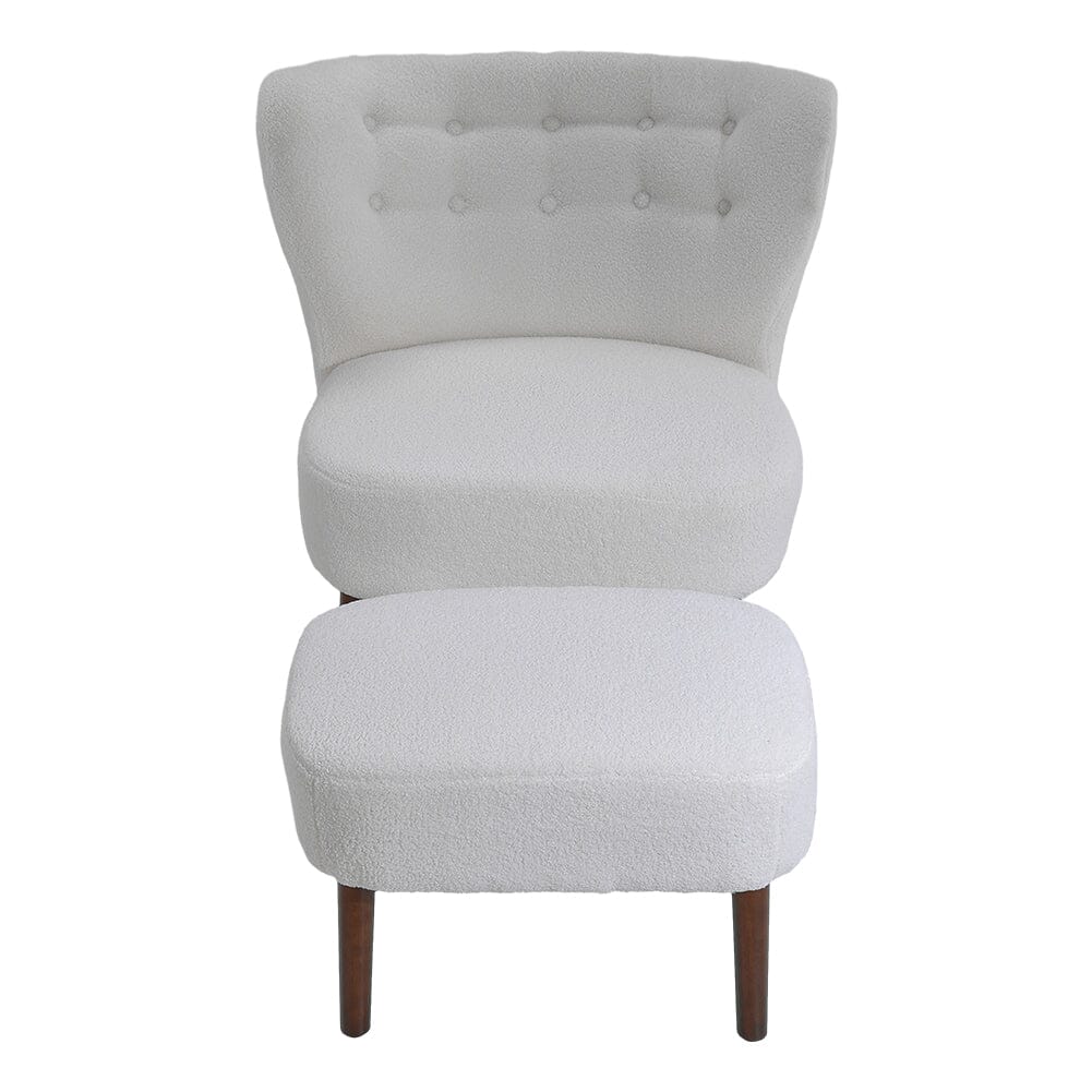 White Boucle Teddy Upholstered Accent Chair with Footstool - House Comfort