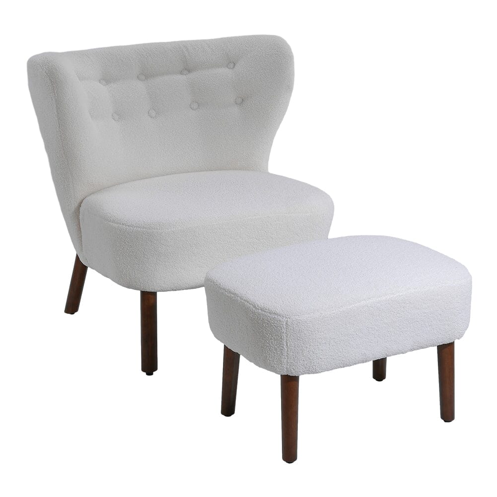 White Boucle Teddy Upholstered Accent Chair with Footstool - House Comfort