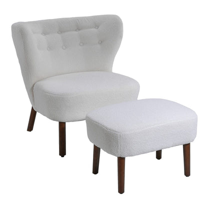 White Boucle Teddy Upholstered Accent Chair with Footstool - House Comfort