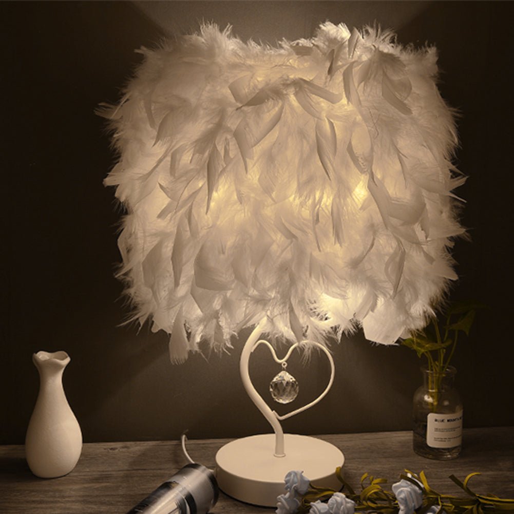 White Feather Table Lamp Bedside Nightstand Lamp with Heart Shape Base - House Comfort
