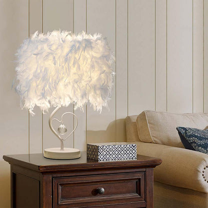 White Feather Table Lamp Bedside Nightstand Lamp with Heart Shape Base - House Comfort