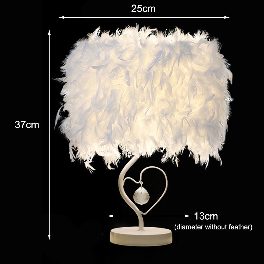 White Feather Table Lamp Bedside Nightstand Lamp with Heart Shape Base - House Comfort
