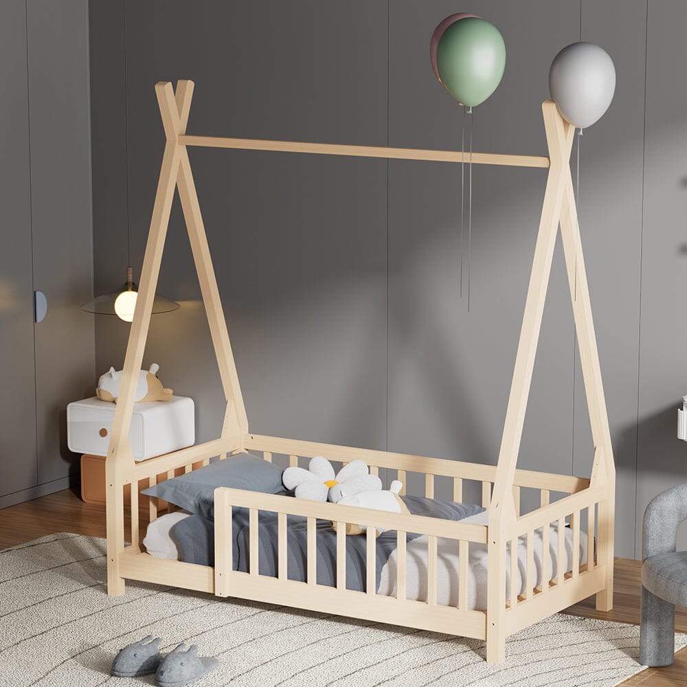 Wood House Bed Frame Low Platform Kids Bed with Safety Fence - House Comfort