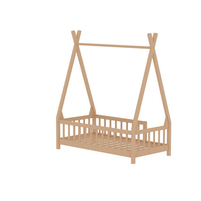 Wood House Bed Frame Low Platform Kids Bed with Safety Fence - House Comfort