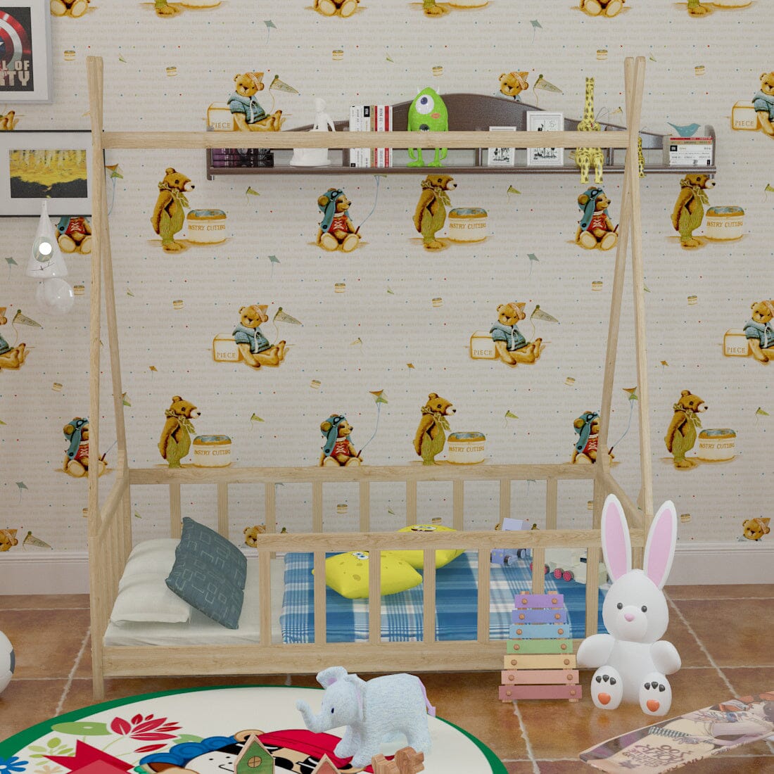 Wood House Bed Frame Low Platform Kids Bed with Safety Fence - House Comfort