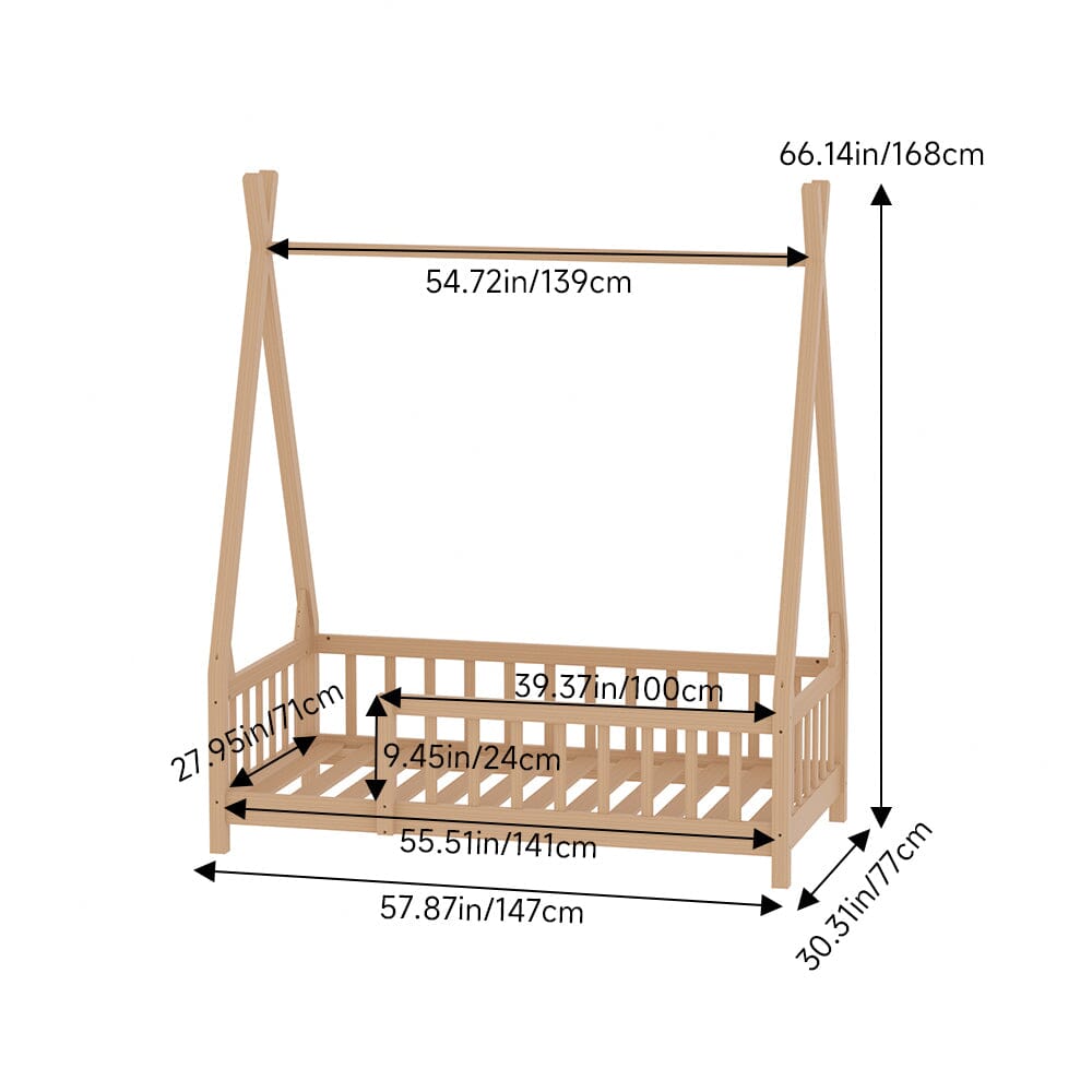 Wood House Bed Frame Low Platform Kids Bed with Safety Fence - House Comfort