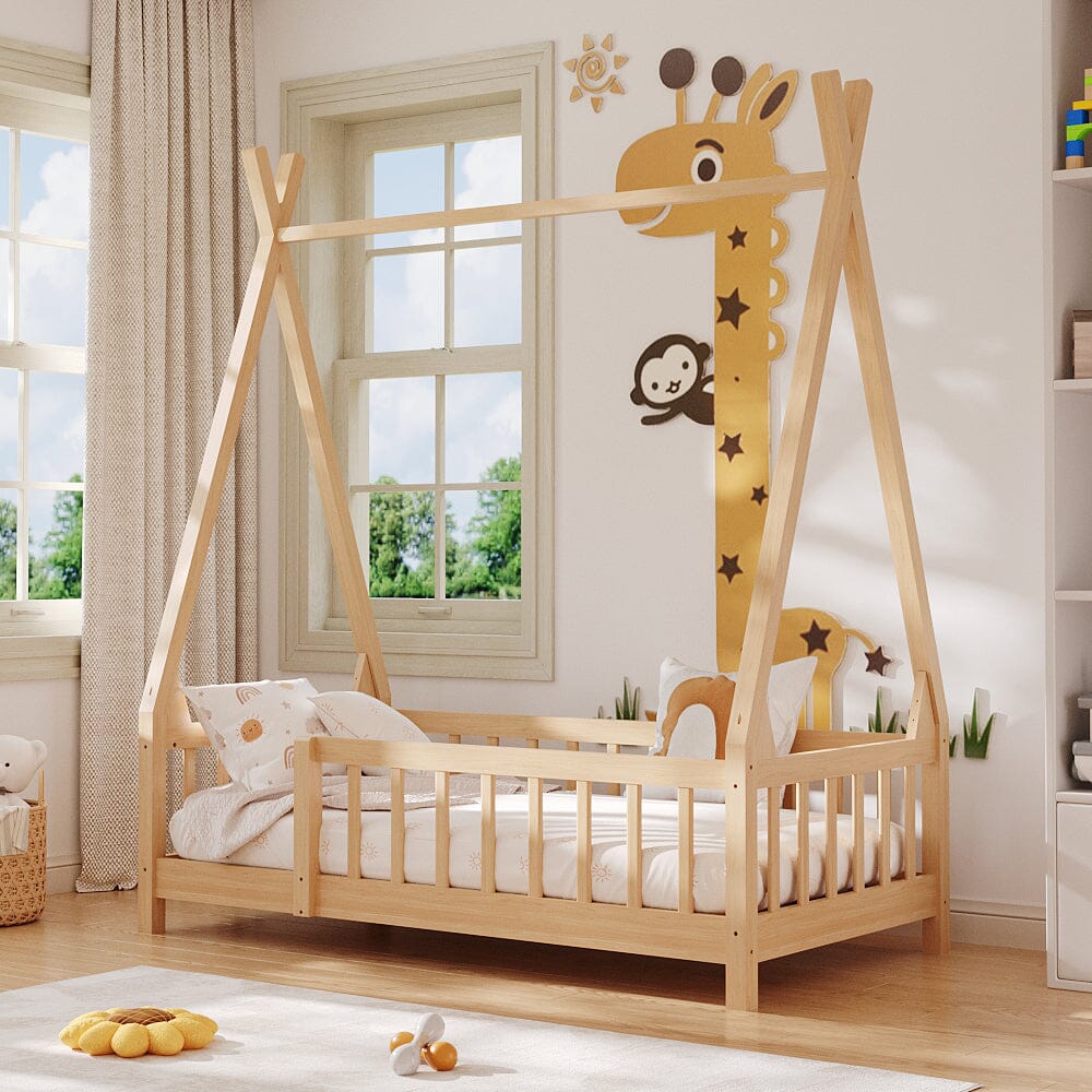 Wood House Bed Frame Low Platform Kids Bed with Safety Fence - House Comfort