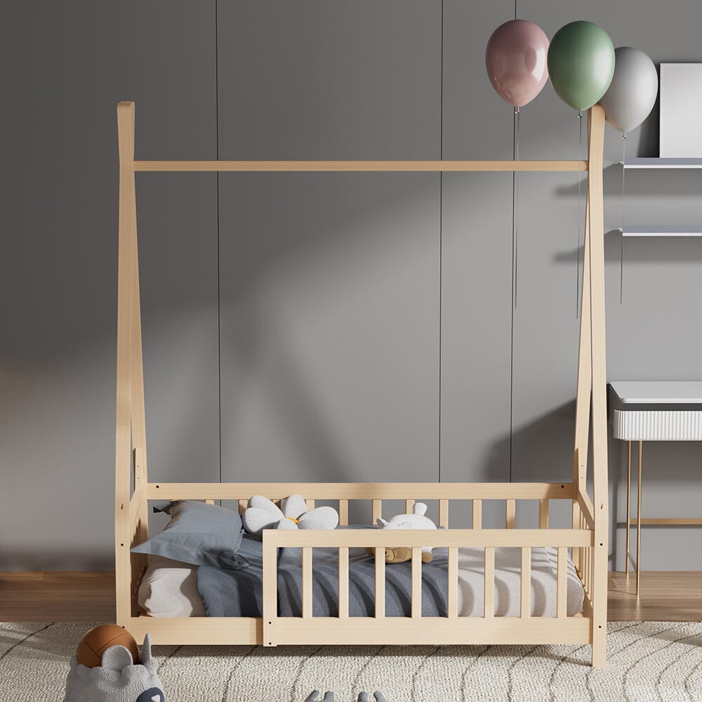 Wood House Bed Frame Low Platform Kids Bed with Safety Fence - House Comfort