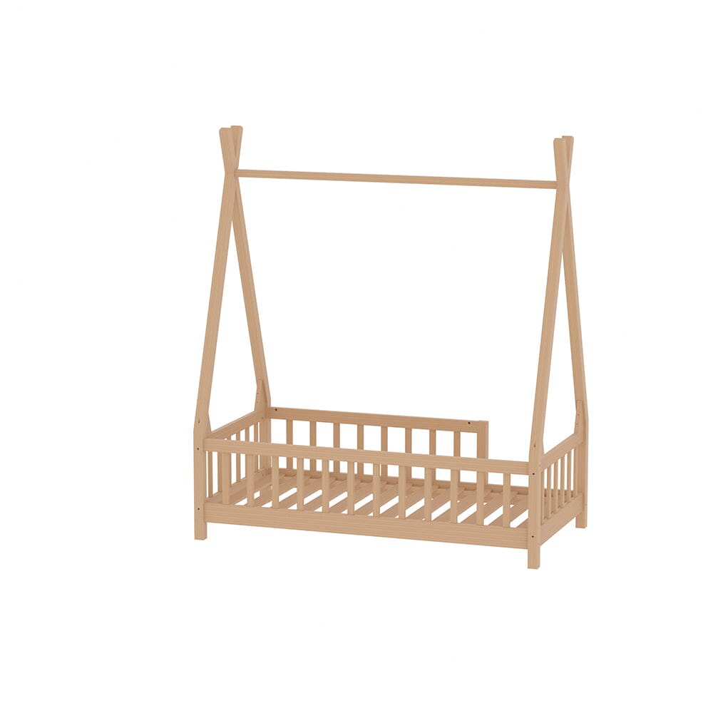 Wood House Bed Frame Low Platform Kids Bed with Safety Fence - House Comfort
