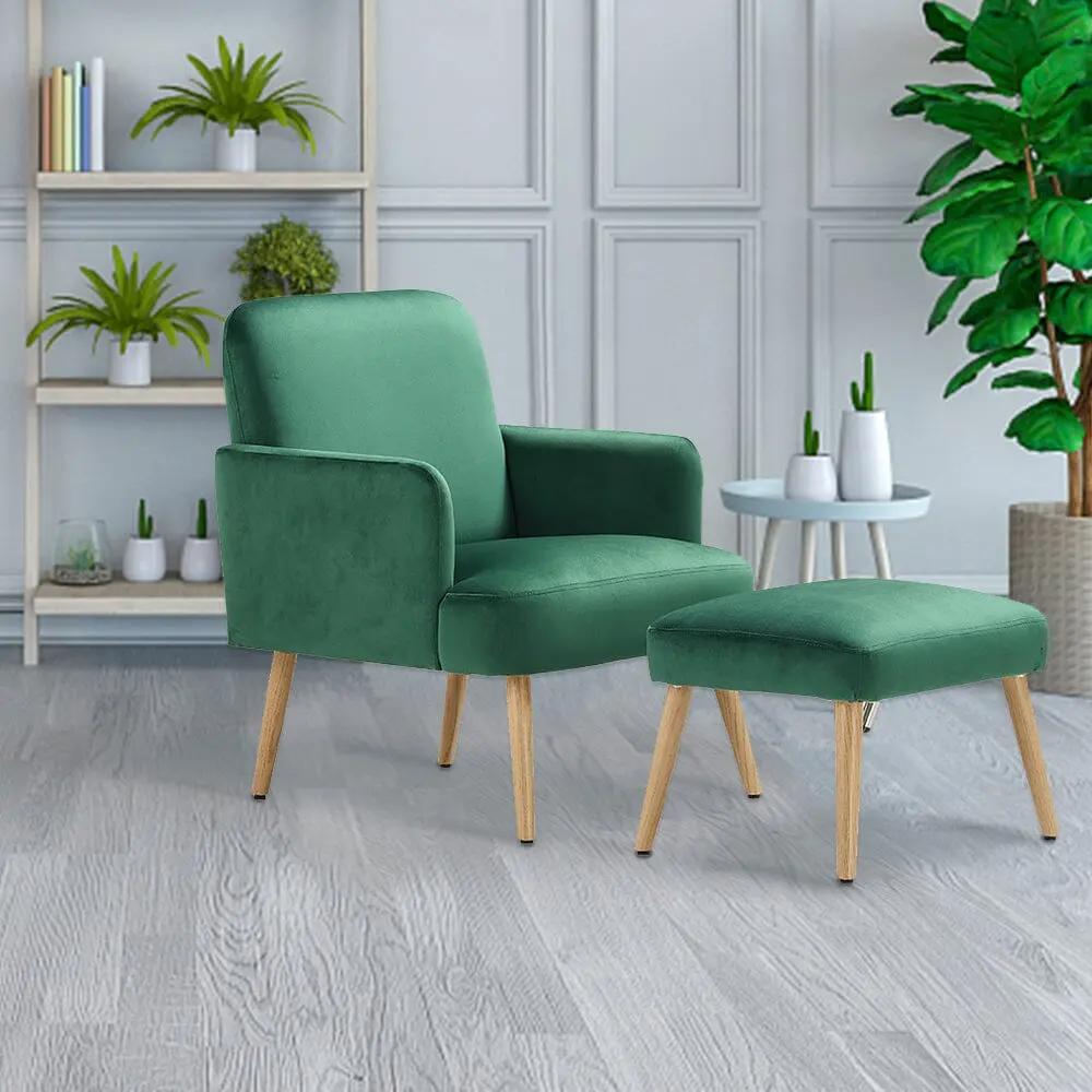 Wooden Legs Velvet Armchair Chair with Footrest - House Comfort