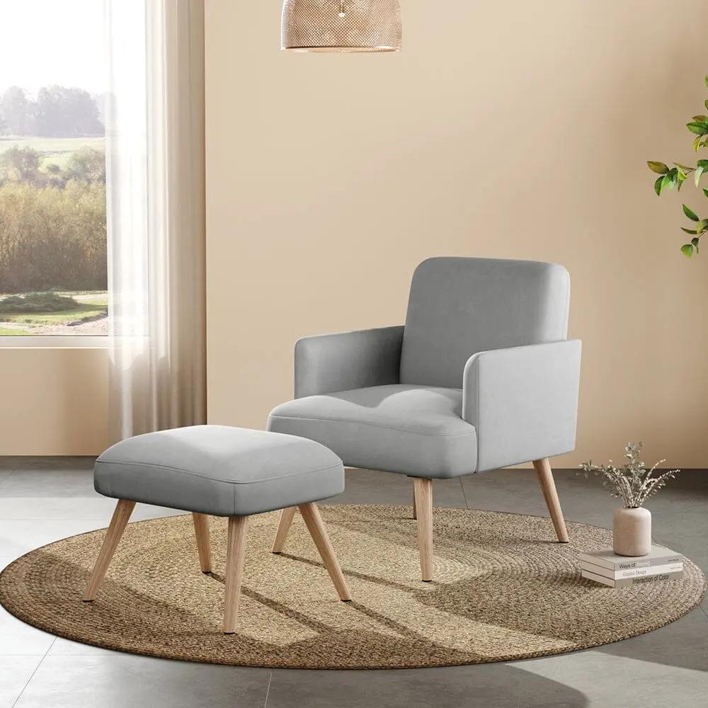 Wooden Legs Velvet Armchair Chair with Footrest - House Comfort